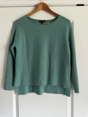 Eileen Fisher 100% Merino Wool Ribbed Sweater Small Teal Green Lightweight Knit